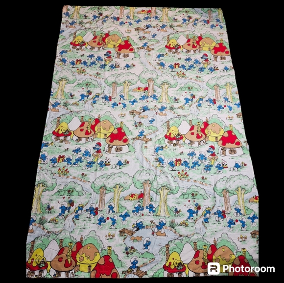 Vintage 1980s "Smurf Village " Twin Flat Bed Sheet Fabric - Picture 4 of 12